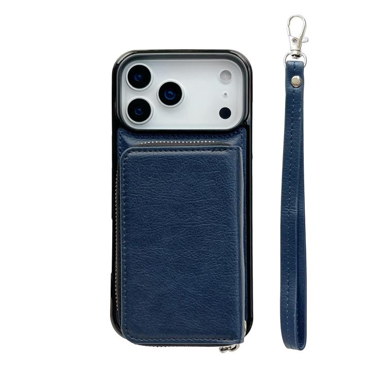 For iPhone 17 Pro Max Solid Color Zipper 11-Card Slots Bag Phone Case with Lanyard
