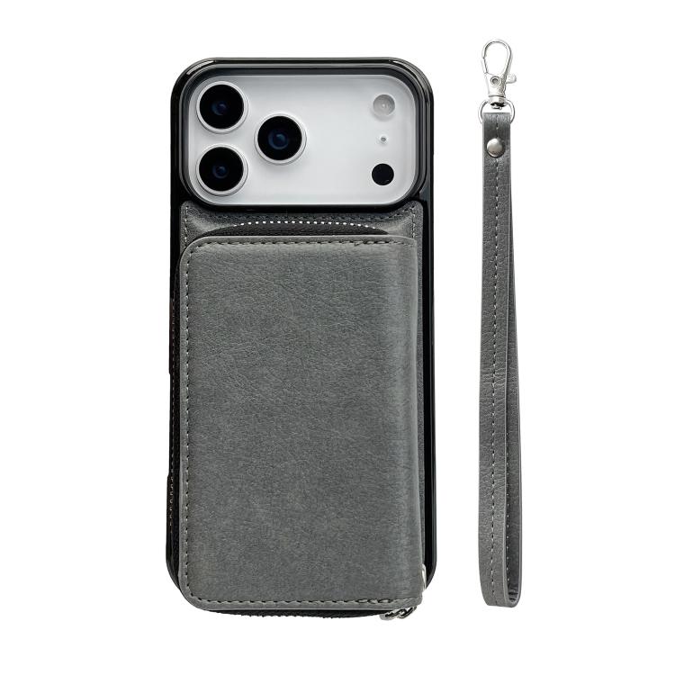 For iPhone 17 Pro Max Solid Color Zipper 11-Card Slots Bag Phone Case with Lanyard