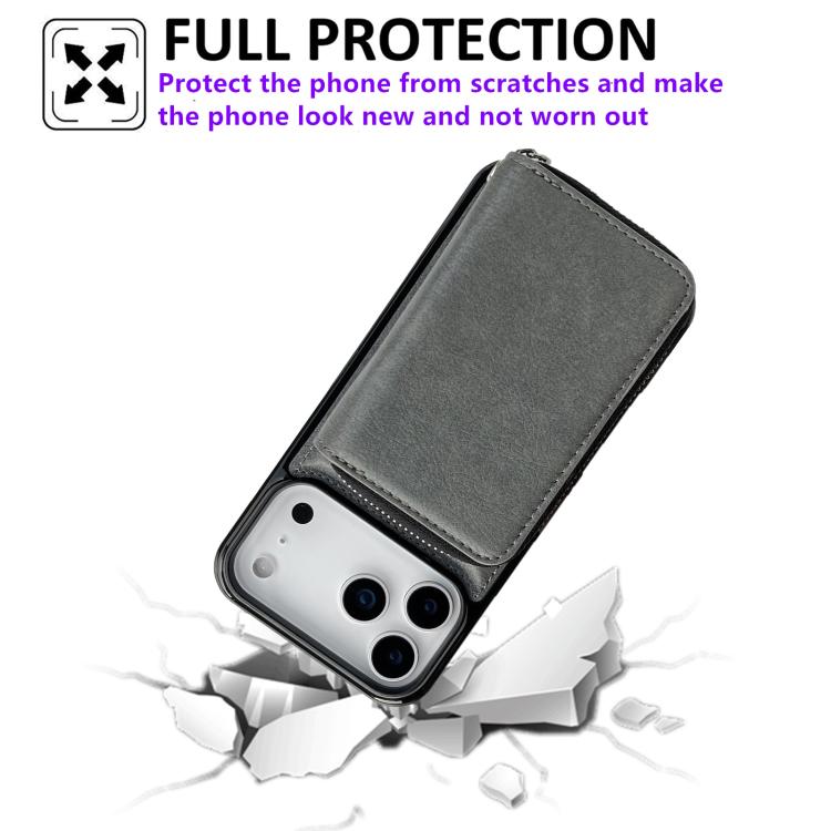 For iPhone 17 Pro Max Solid Color Zipper 11-Card Slots Bag Phone Case with Lanyard