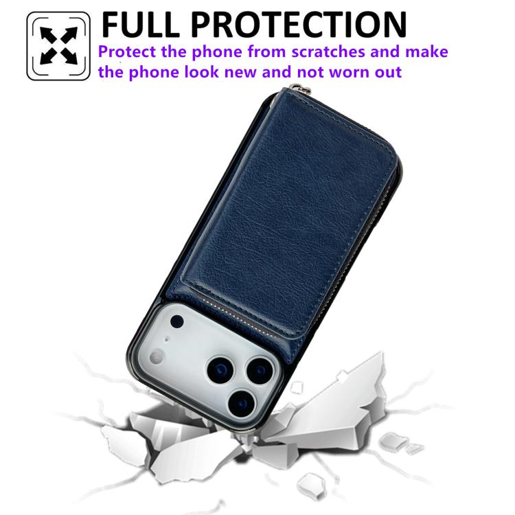 For iPhone 17 Pro Solid Color Zipper 11-Card Slots Bag Phone Case with Lanyard