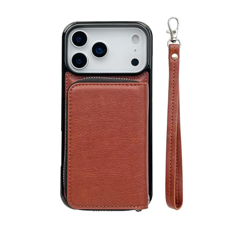 For iPhone 17 Pro Solid Color Zipper 11-Card Slots Bag Phone Case with Lanyard