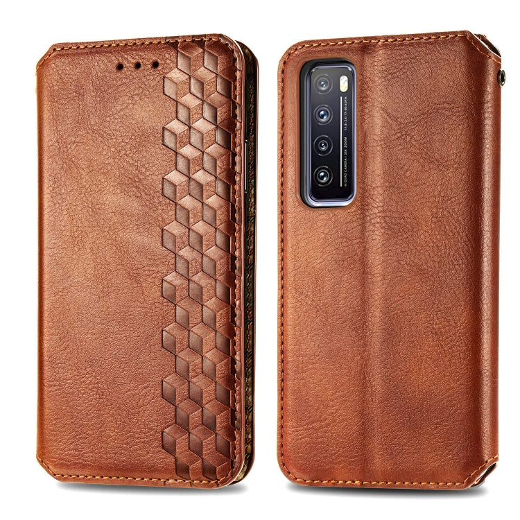 For Huawei Nova 7 Cubic Grid Pressed Horizontal Flip Magnetic PU Leather Case with Holder & Card Slots & Wallet