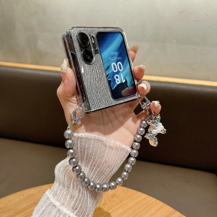 For OPPO Find N2 Flip PC Side Buckle+Ripples Glitter Paper Full Coverage Phone Case with Bracelet