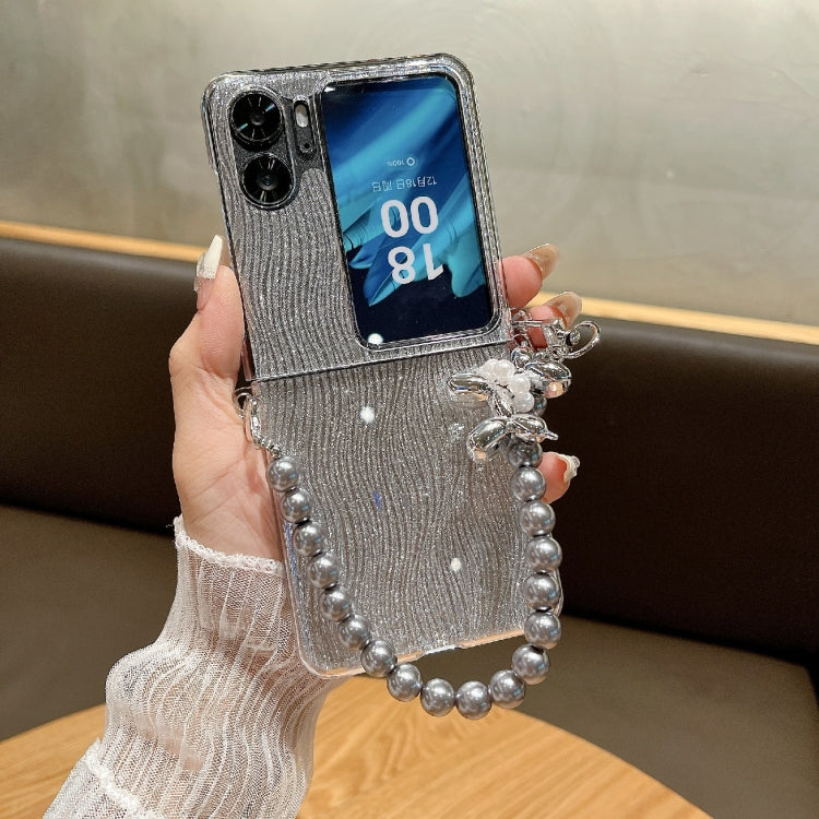 For OPPO Find N2 Flip PC Side Buckle+Ripples Glitter Paper Full Coverage Phone Case with Bracelet - Silver