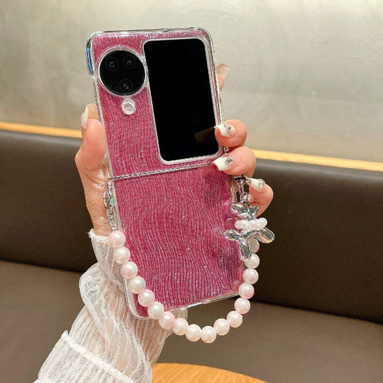 For OPPO Find N3 Flip PC Side Buckle+Ripples Glitter Paper Full Coverage Phone Case with Bracelet