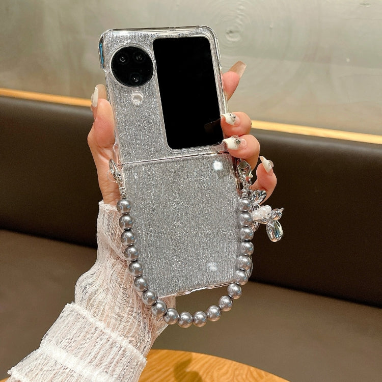 For OPPO Find N3 Flip PC Side Buckle+Ripples Glitter Paper Full Coverage Phone Case with Bracelet - Silver