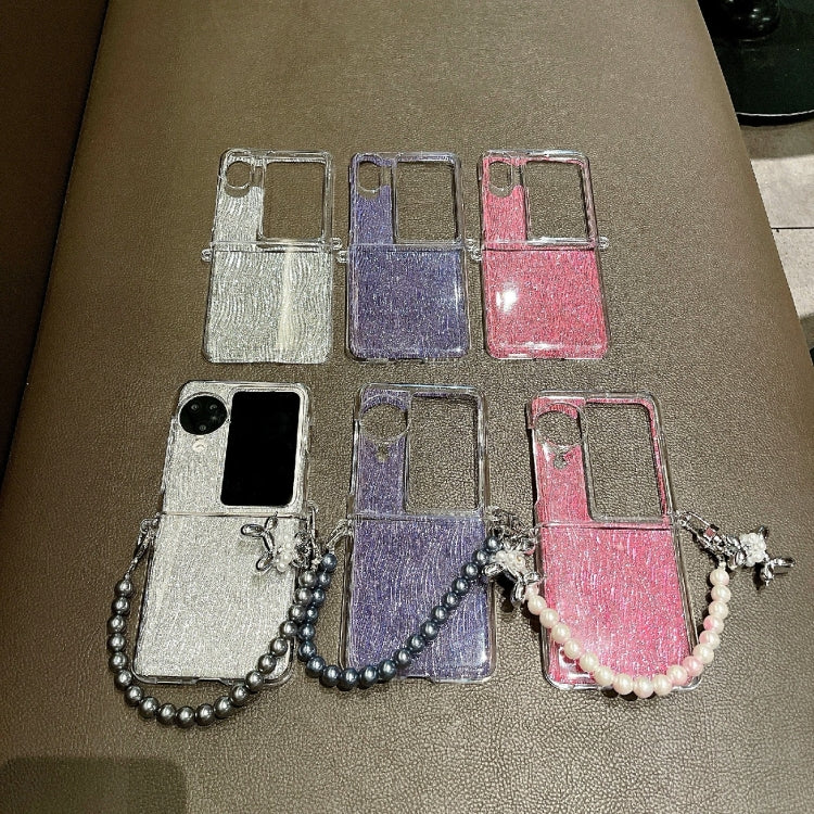For OPPO Find N3 Flip PC Side Buckle+Ripples Glitter Paper Full Coverage Phone Case with Bracelet - Silver