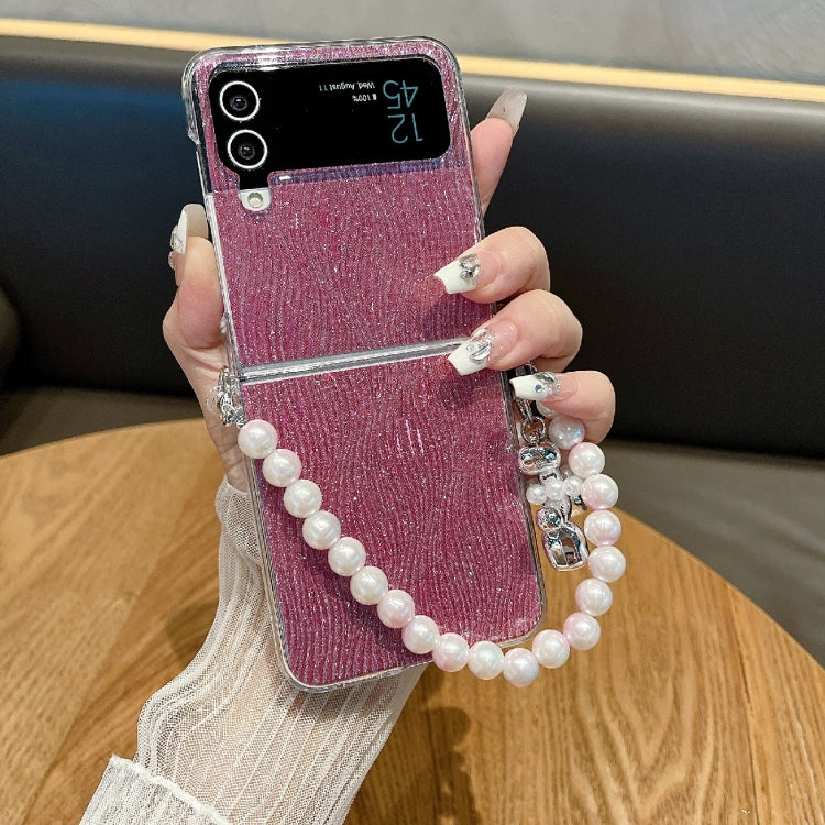 For Samsung Galaxy Z Flip3 5G / Flip4 PC Side Buckle+Ripples Glitter Paper Full Coverage Phone Case with Bracelet