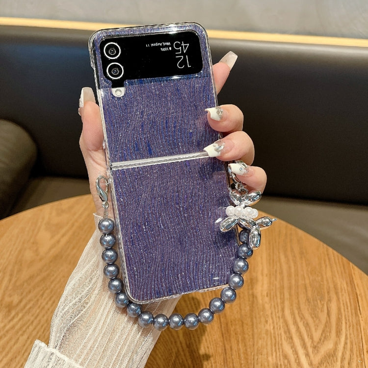 For Samsung Galaxy Z Flip3 5G / Flip4 PC Side Buckle+Ripples Glitter Paper Full Coverage Phone Case with Bracelet