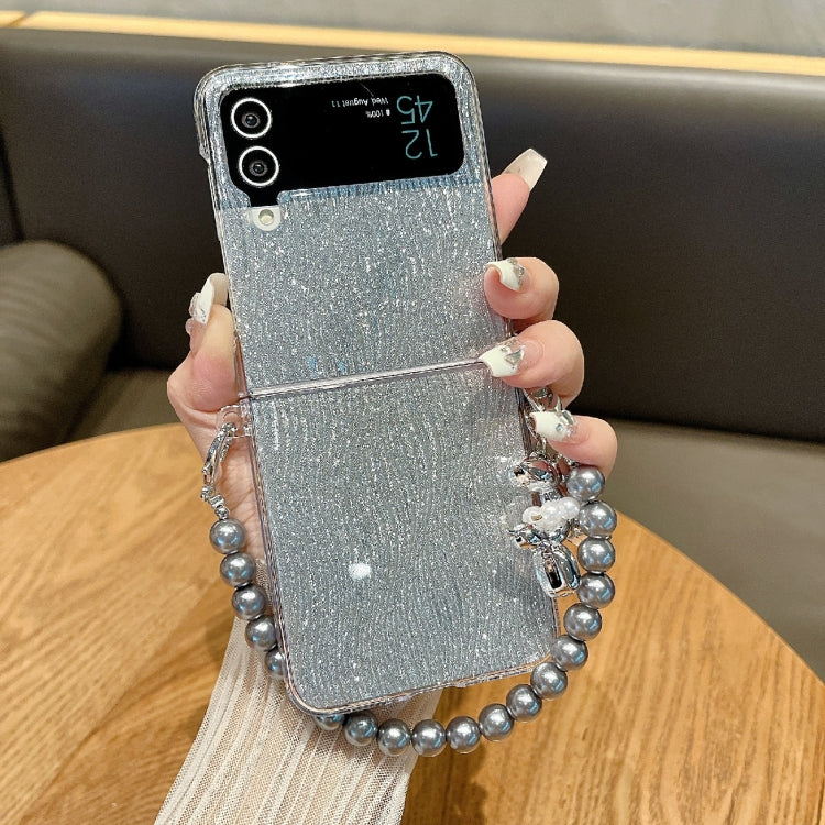 For Samsung Galaxy Z Flip3 5G / Flip4 PC Side Buckle+Ripples Glitter Paper Full Coverage Phone Case with Bracelet - Silver
