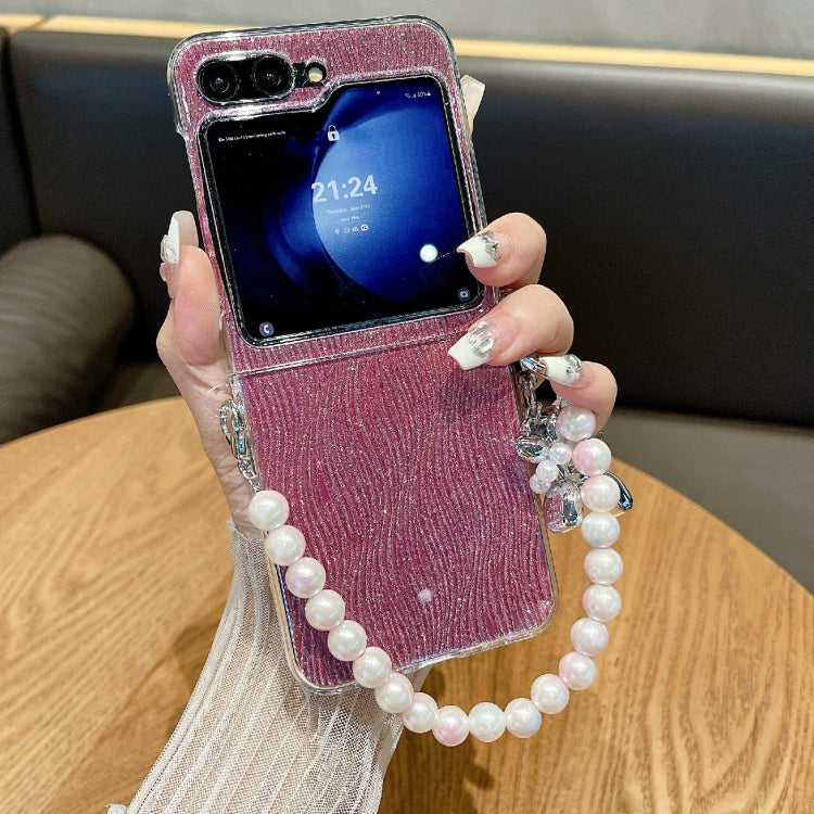 For Samsung Galaxy Z Flip5 PC Side Buckle+Ripples Glitter Paper Full Coverage Phone Case with Bracelet