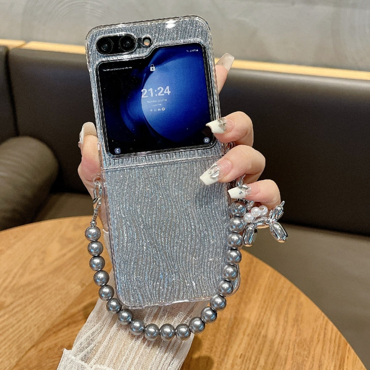For Samsung Galaxy Z Flip5 PC Side Buckle+Ripples Glitter Paper Full Coverage Phone Case with Bracelet - Silver