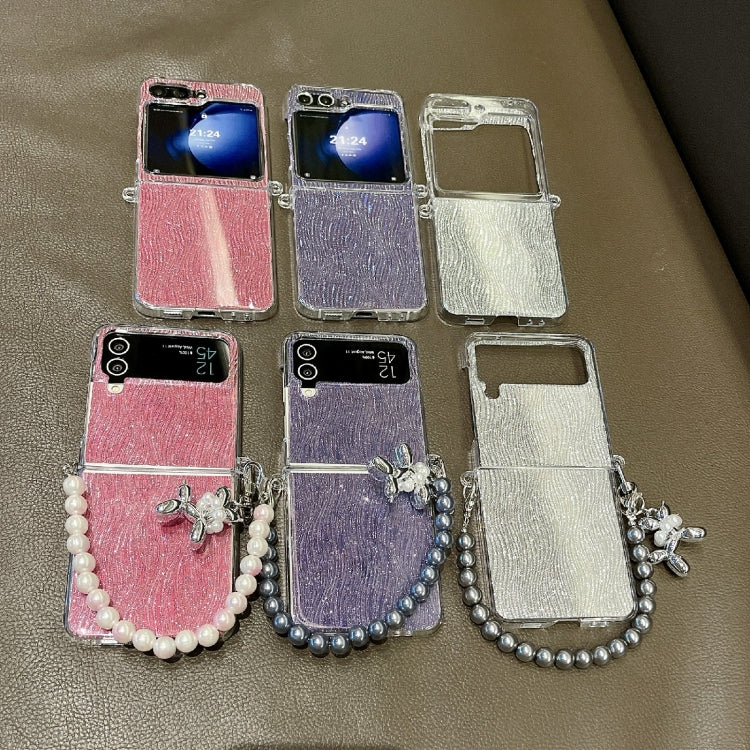 For Samsung Galaxy Z Flip6 / Flip7 FE PC Side Buckle+Ripples Glitter Paper Full Coverage Phone Case with Bracelet - Silver