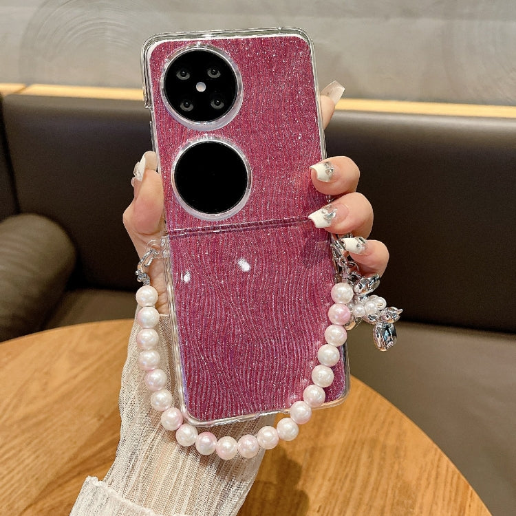 For Huawei P50 Pocket PC Side Buckle+Ripples Glitter Paper Full Coverage Phone Case with Bracelet