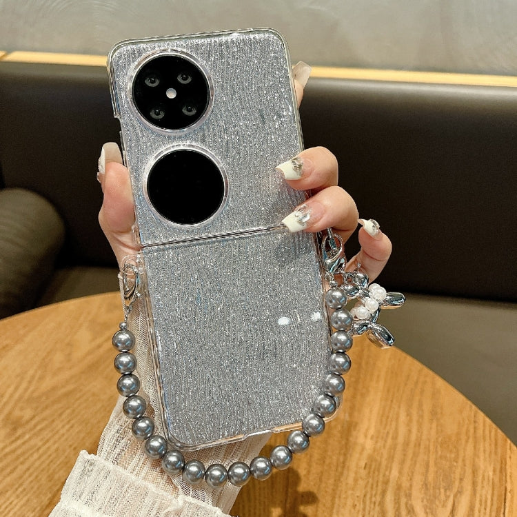 For Huawei P50 Pocket PC Side Buckle+Ripples Glitter Paper Full Coverage Phone Case with Bracelet - Silver