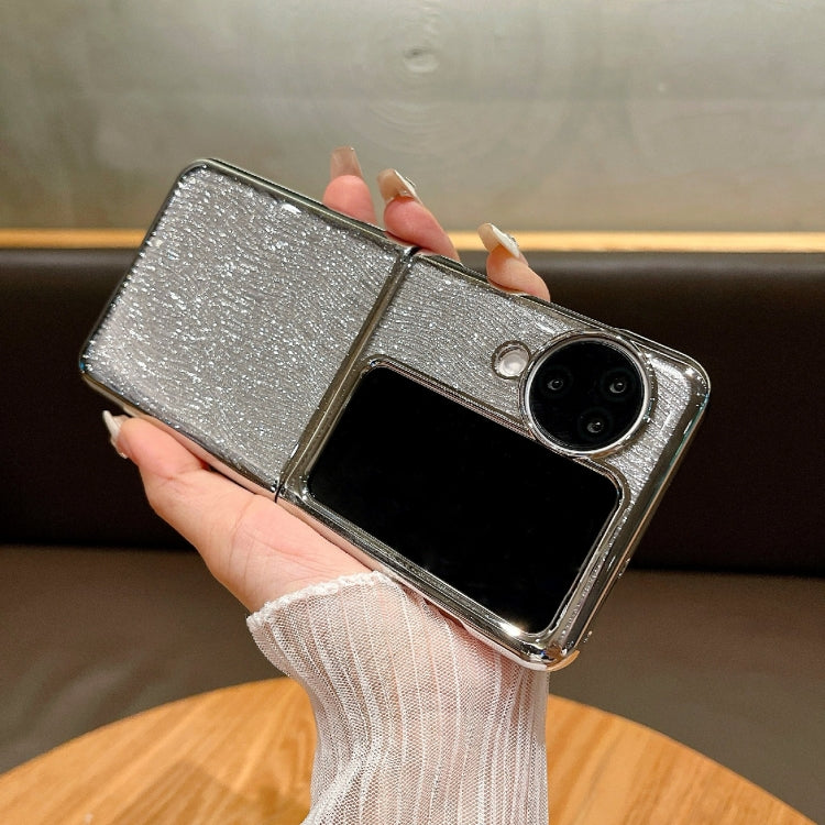 For OPPO Find N3 Flip PC Side Buckle+Ripples Glitter Paper Full Coverage Phone Case - Silver