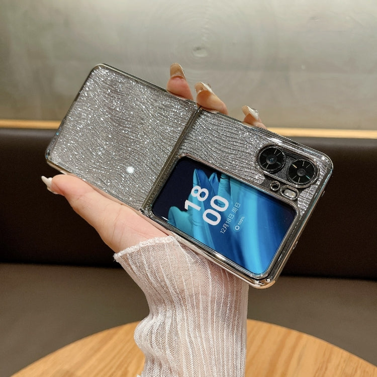For OPPO Find N2 Flip PC Side Buckle+Ripples Glitter Paper Full Coverage Phone Case - Silver