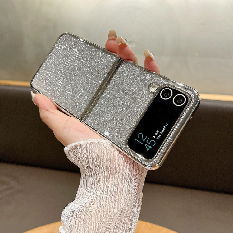 For Samsung Galaxy Z Flip4 PC Side Buckle+Ripples Glitter Paper Full Coverage Phone Case - Silver