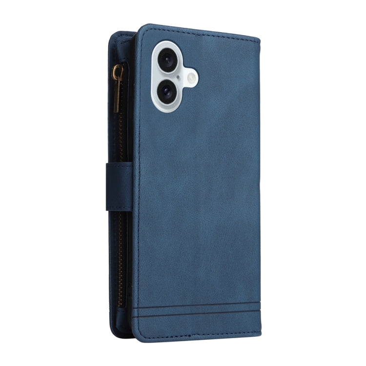 For iPhone 16 Plus Skin Feel Multi-Card Wallet Zipper Leather Phone Case