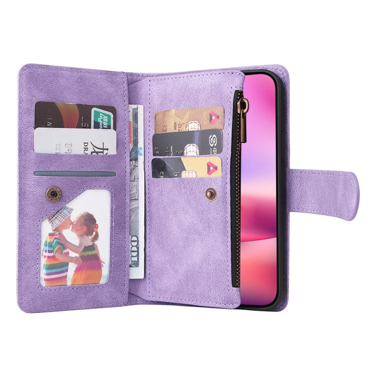 For iPhone 16 Skin Feel Multi-Card Wallet Zipper Leather Phone Case