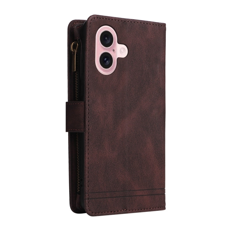 For iPhone 16 Skin Feel Multi-Card Wallet Zipper Leather Phone Case
