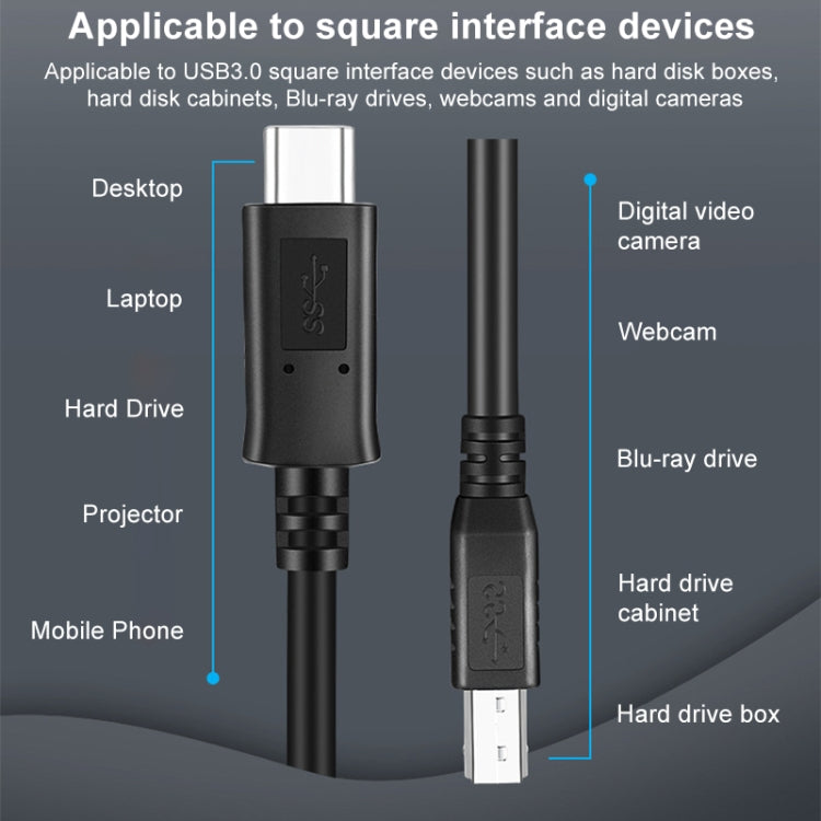 USB-C / Type-C3.1 to USB3.0 Male Square Port Printer Extension Data Cable, Length:1m - Black