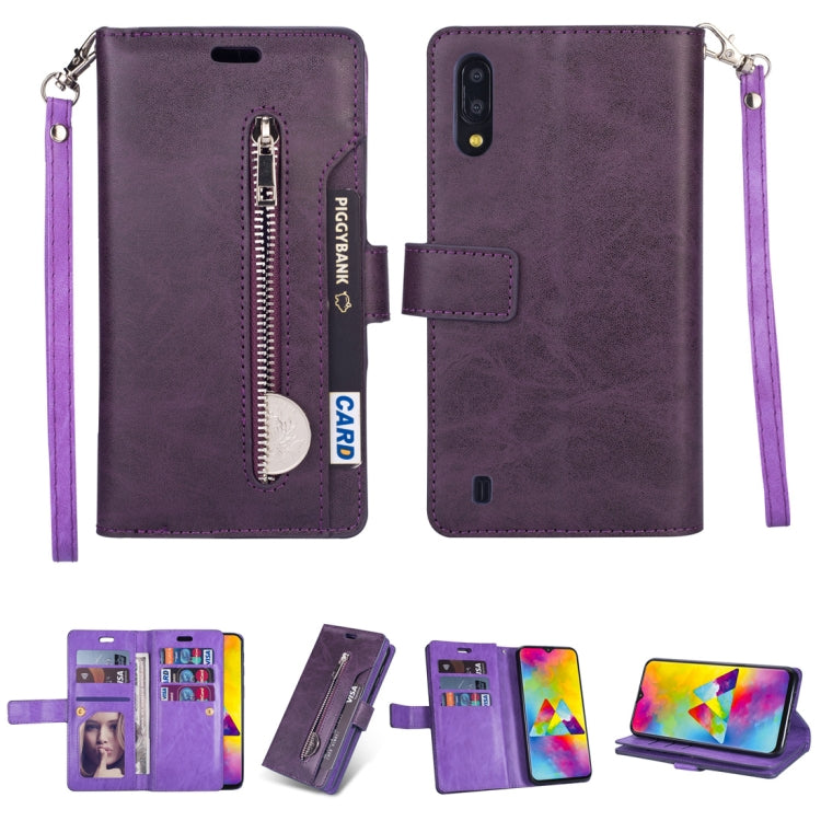 For Samsung Galaxy M10 / Galaxy A10 Multifunctional Zipper Horizontal Flip Leather Case with Holder & Wallet & 9 Card Slots & Lanyard