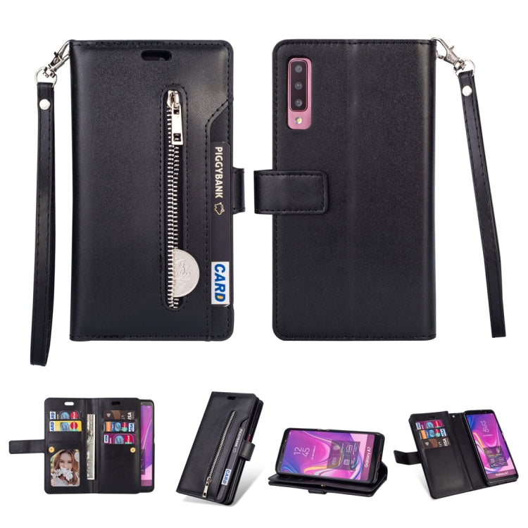 For Samsung Galaxy A7 (2018) Multifunctional Zipper Horizontal Flip Leather Case with Holder & Wallet & 9 Card Slots & Lanyard
