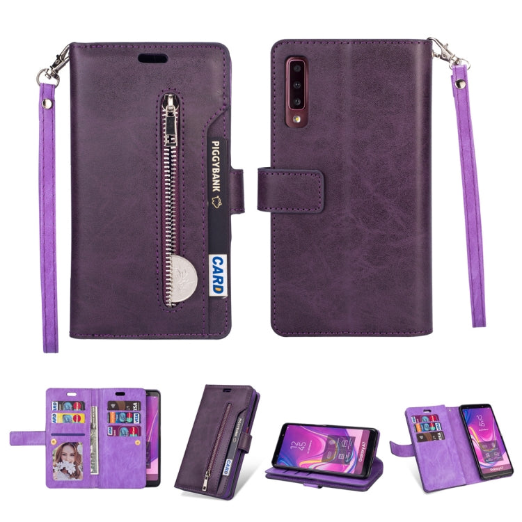 For Samsung Galaxy A7 (2018) Multifunctional Zipper Horizontal Flip Leather Case with Holder & Wallet & 9 Card Slots & Lanyard