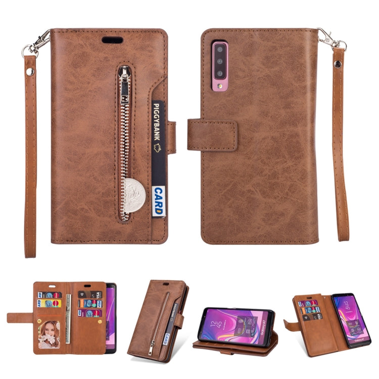 For Samsung Galaxy A7 (2018) Multifunctional Zipper Horizontal Flip Leather Case with Holder & Wallet & 9 Card Slots & Lanyard