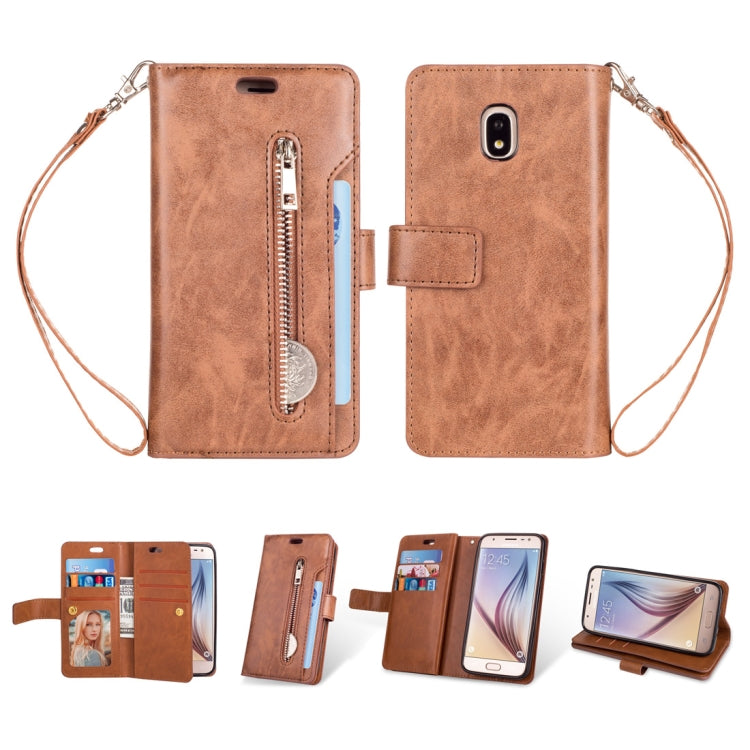 For Samsung Galaxy J3 (2018) / Galaxy J7 (2018) Multifunctional Zipper Horizontal Flip Leather Case with Holder & Wallet & 9 Card Slots & Lanyard