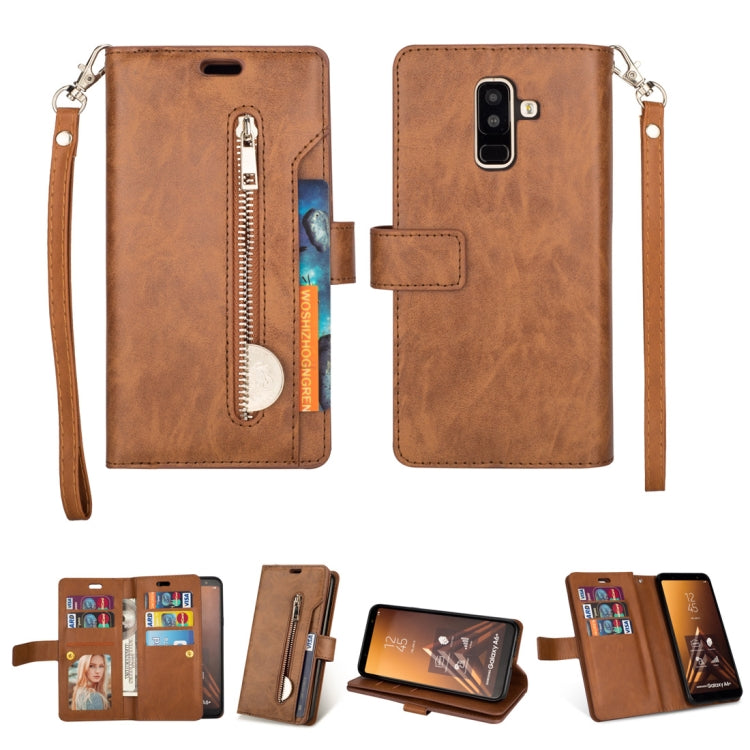 For Samsung Galaxy A6+ / Galaxy J8 (2018) Multifunctional Zipper Horizontal Flip Leather Case with Holder & Wallet & 9 Card Slots & Lanyard