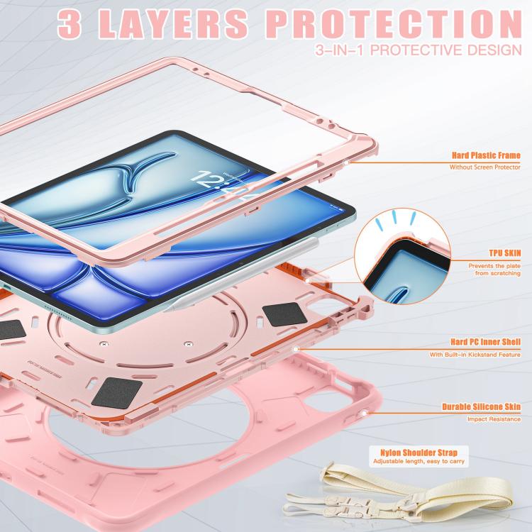 For iPad Air 13 2026 / 2025 / 2024 Rotation Handle Holder Silicone Hybrid PC Tablet Case