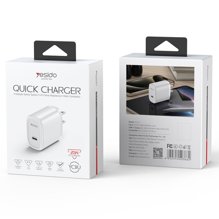 Yesido YC11U 20W PD USB-C / Type-C Fast Charging Charger, Specification:US Plug - White