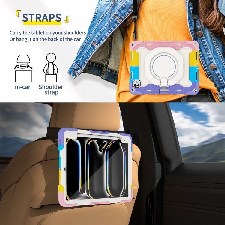 For iPad Pro 11 2025 / 2024 Armor Portable Rotating Ring Holder Silicone Tablet Case with Pen Slot