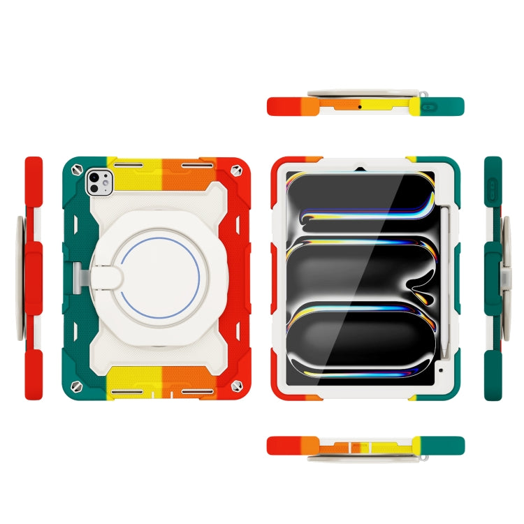 For iPad Pro 11 2025 / 2024 Armor Portable Rotating Ring Holder Silicone Tablet Case with Pen Slot