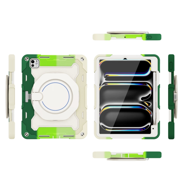 For iPad Pro 11 2025 / 2024 Armor Portable Rotating Ring Holder Silicone Tablet Case with Pen Slot