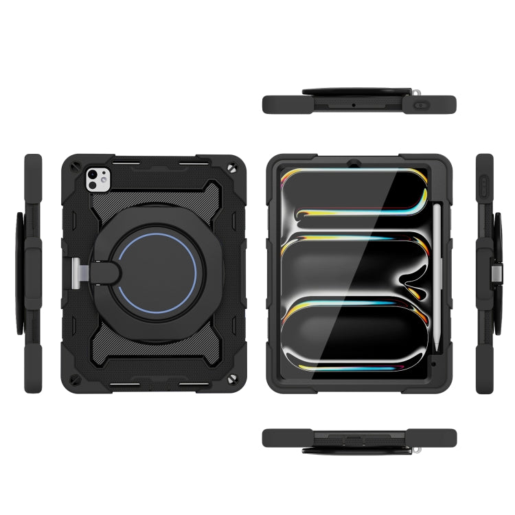 For iPad Pro 11 2025 / 2024 Armor Portable Rotating Ring Holder Silicone Tablet Case with Pen Slot