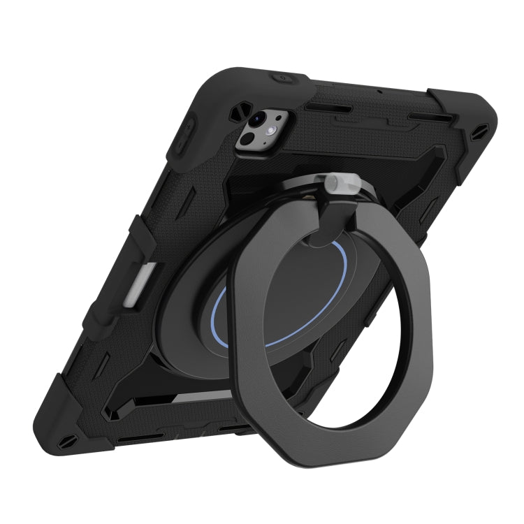 For iPad Pro 11 2025 / 2024 Armor Portable Rotating Ring Holder Silicone Tablet Case with Pen Slot