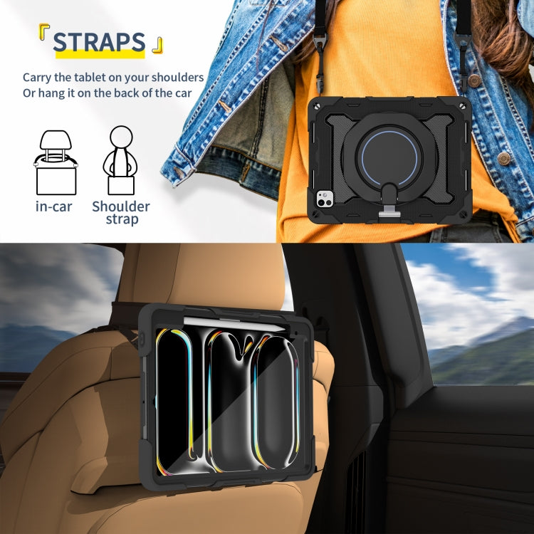 For iPad Pro 11 2025 / 2024 Armor Portable Rotating Ring Holder Silicone Tablet Case with Pen Slot