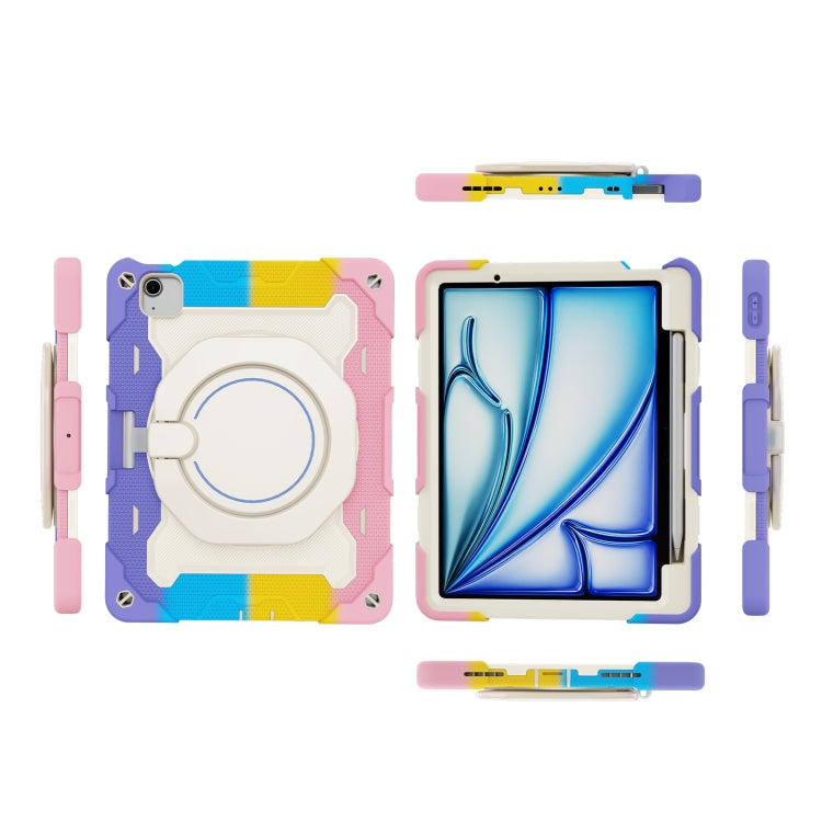For iPad Air 11 2024 / 2025 / 2026 Armor Portable Rotating Ring Holder Silicone Tablet Case with Pen Slot