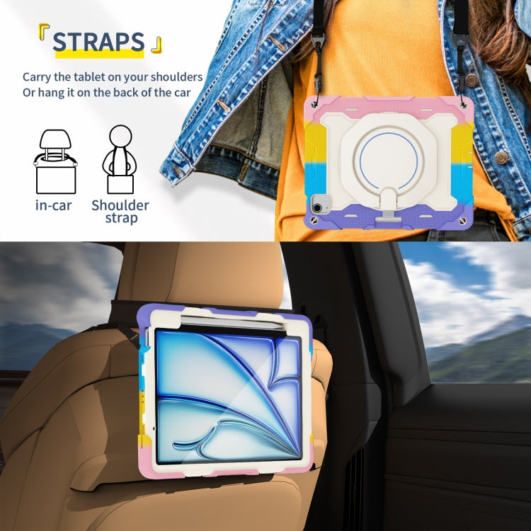 For iPad Air 11 2024 / 2025 / 2026 Armor Portable Rotating Ring Holder Silicone Tablet Case with Pen Slot