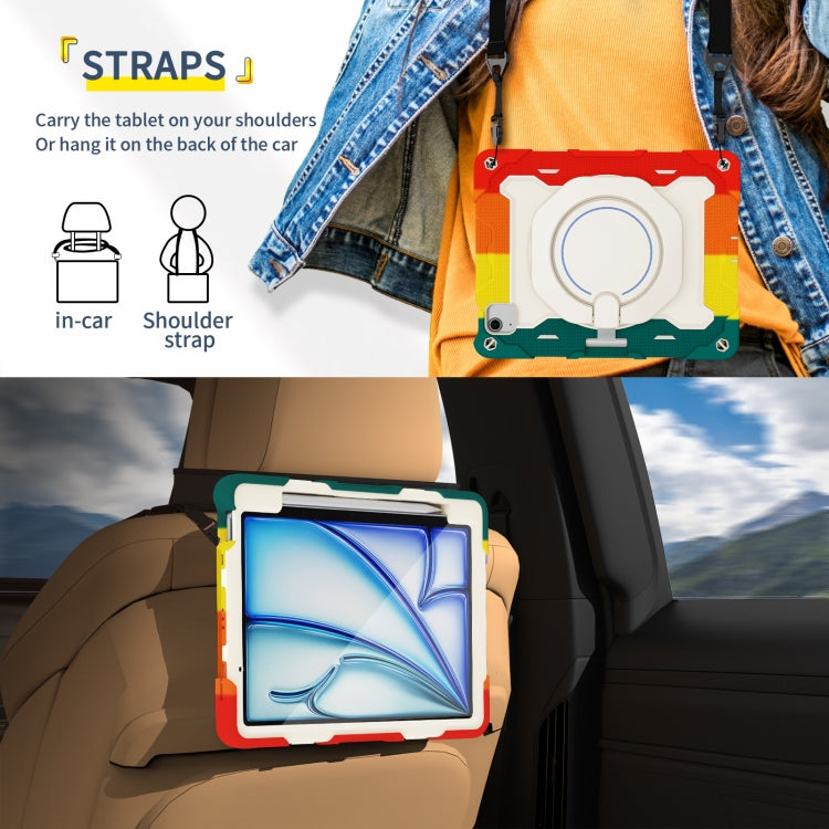 For iPad Air 11 2024 / 2025 / 2026 Armor Portable Rotating Ring Holder Silicone Tablet Case with Pen Slot