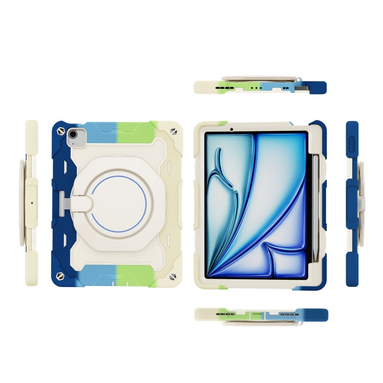 For iPad Air 11 2024 / 2025 / 2026 Armor Portable Rotating Ring Holder Silicone Tablet Case with Pen Slot