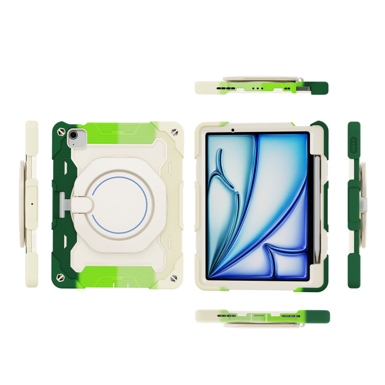 For iPad Air 11 2024 / 2025 / 2026 Armor Portable Rotating Ring Holder Silicone Tablet Case with Pen Slot