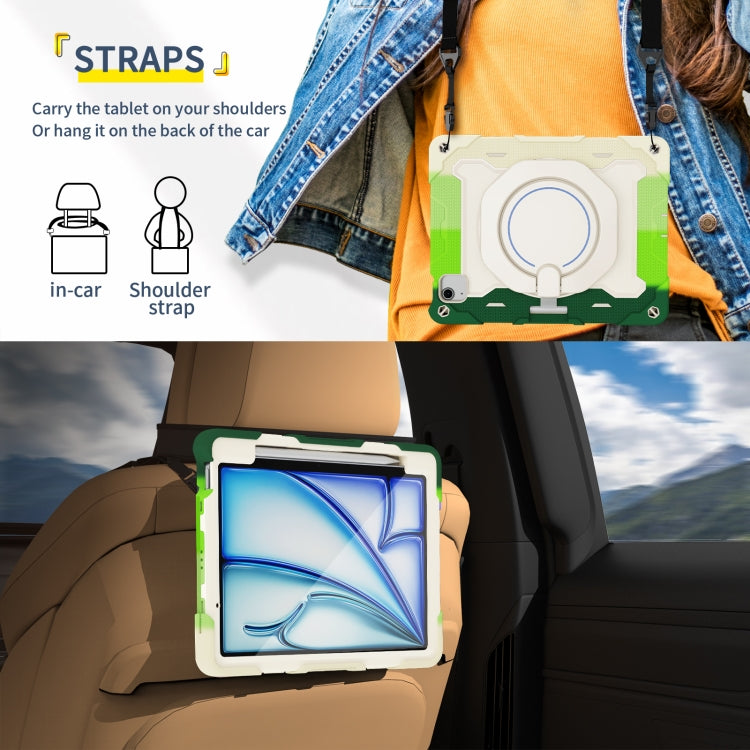 For iPad Air 11 2024 / 2025 / 2026 Armor Portable Rotating Ring Holder Silicone Tablet Case with Pen Slot