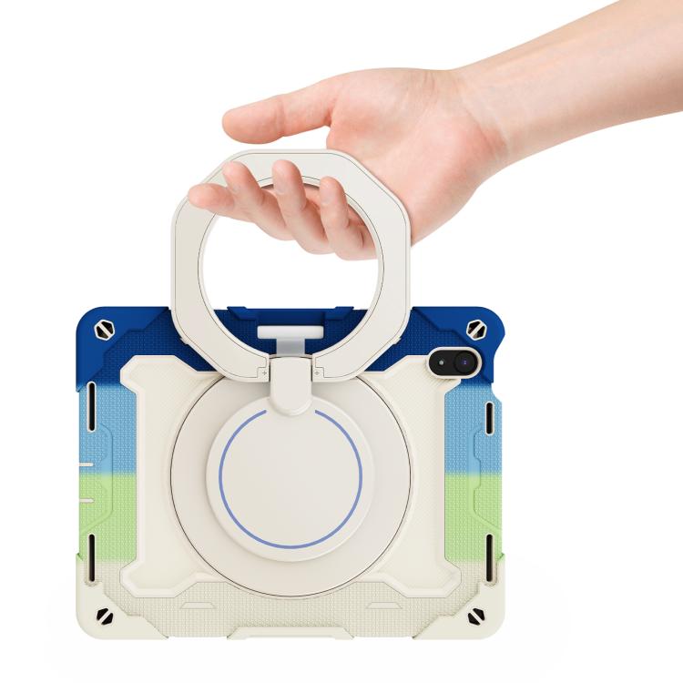 For iPad 2022 Armor Portable Rotating Ring Holder Silicone Tablet Case with Pen Slot