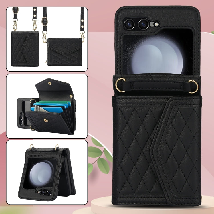 For Samsung Galaxy Z Flip5 Splicing Rhombic Texture Phone Case with Long & Short Lanyard, Not Included Pen