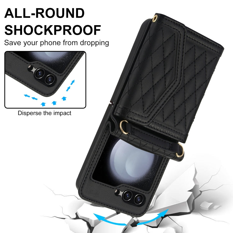 For Samsung Galaxy Z Flip5 Splicing Rhombic Texture Phone Case with Long & Short Lanyard, Not Included Pen