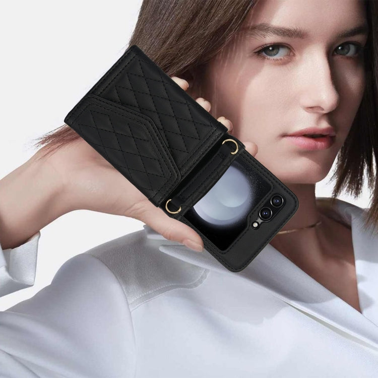 For Samsung Galaxy Z Flip5 Splicing Rhombic Texture Phone Case with Long & Short Lanyard, Not Included Pen